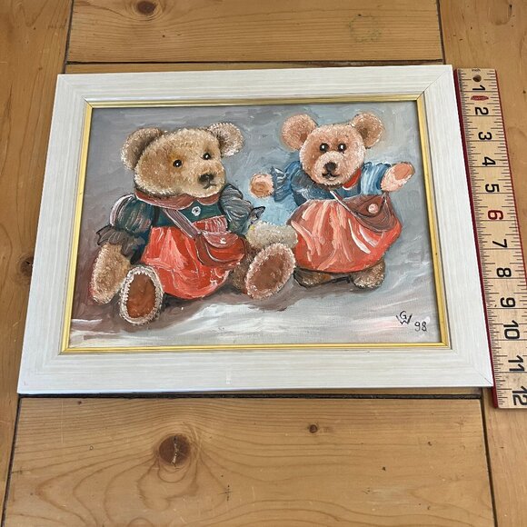 Teddy Bear Friends Original Framed Painting Vintage Signed GW '98 - Picture 4 of 5